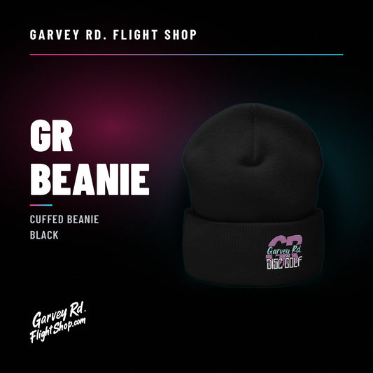 Garvey Rd. Disc Golf 'GR' cuffed beanie in black, front