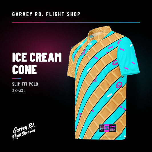 Garvey Rd. Disc Golf 'Ice Cream Cone' slim fit polo, front