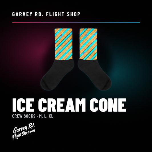 Garvey Rd. Disc Golf 'Ice Cream Cone' crew socks, flat view