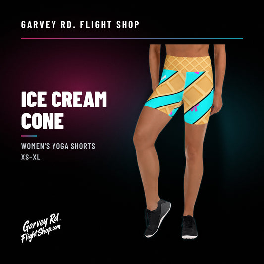 Garvey Rd. Disc Golf 'Ice Cream Cone' women's yoga shorts, model wearing, front