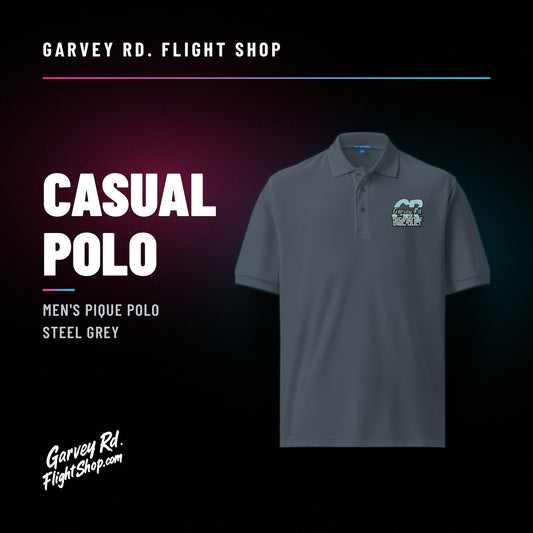 Garvey Rd. Disc Golf 'GR' men's casual polo in steel grey, front