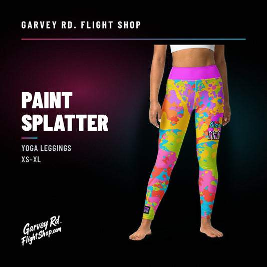 Garvey Rd. Disc Golf 'Paint Splatter' yoga leggings, model wearing, front