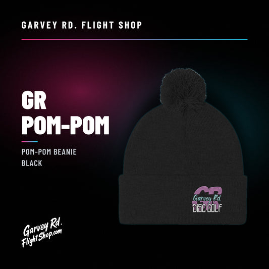 Garvey Rd. Disc Golf 'GR' pom-pom beanie in black, front
