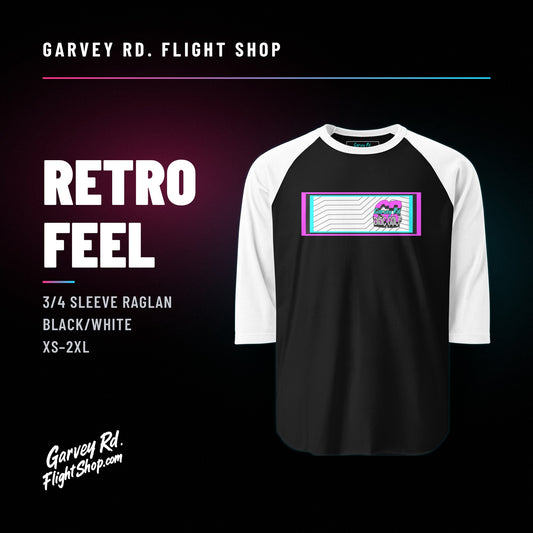 Garvey Rd. Disc Golf 'Retro Feel' 3/4 sleeve raglan shirt in black and white, front