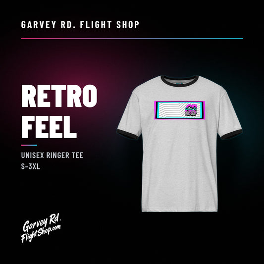 Garvey Rd. Disc Golf 'Retro Feel' ringer tee in heather gray and black, front