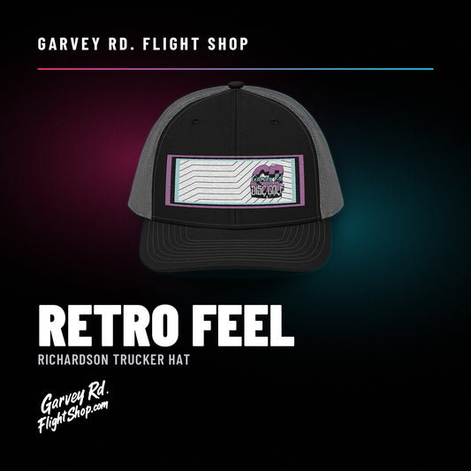 Garvey Rd. Disc Golf 'Retro Feel' Richardson trucker hat in black and charcoal, front