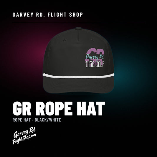 Garvey Rd. Disc Golf 'GR' rope hat in black with white rope, front