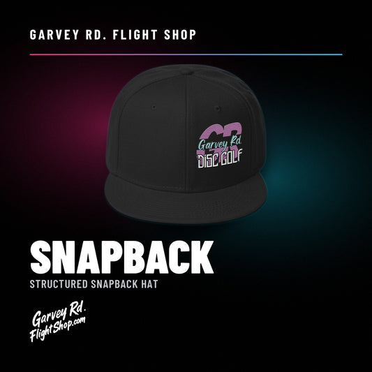 Garvey Rd. Disc Golf snapback hat in black, front