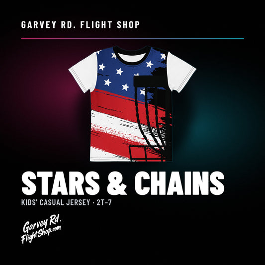 Garvey Rd. Disc Golf 'Stars & Chains' kids' casual jersey, front