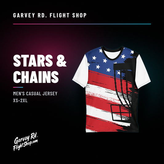 Garvey Rd. Disc Golf 'Stars & Chains' men's casual jersey, front