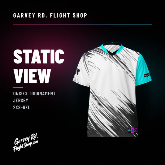 Garvey Rd. Disc Golf 'Static View' unisex tournament jersey, front