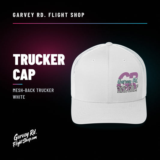 Garvey Rd. Disc Golf 'GR' trucker cap in white, front