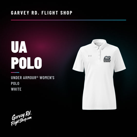 Garvey Rd. Disc Golf 'GR' Under Armour women's polo in white, front