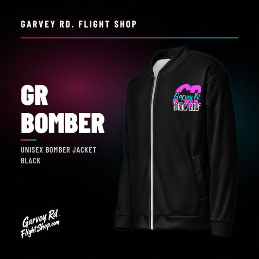 Garvey Rd. Disc Golf 'GR' unisex bomber jacket in black, left front