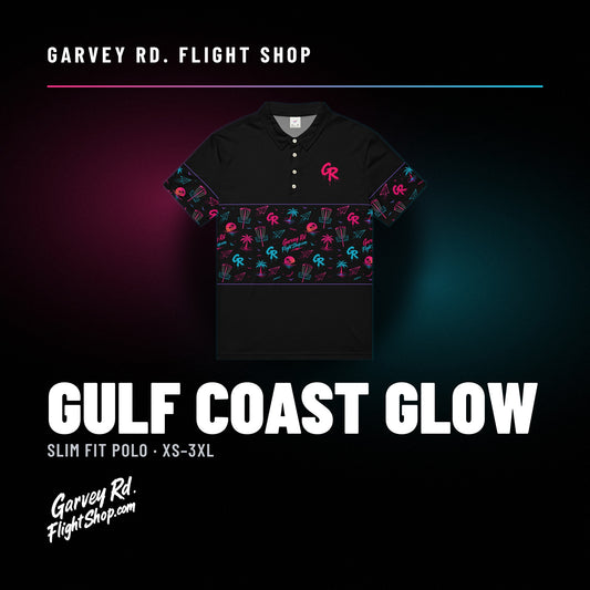 'Gulf Coast Glow' slim fit disc golf polo in black, front