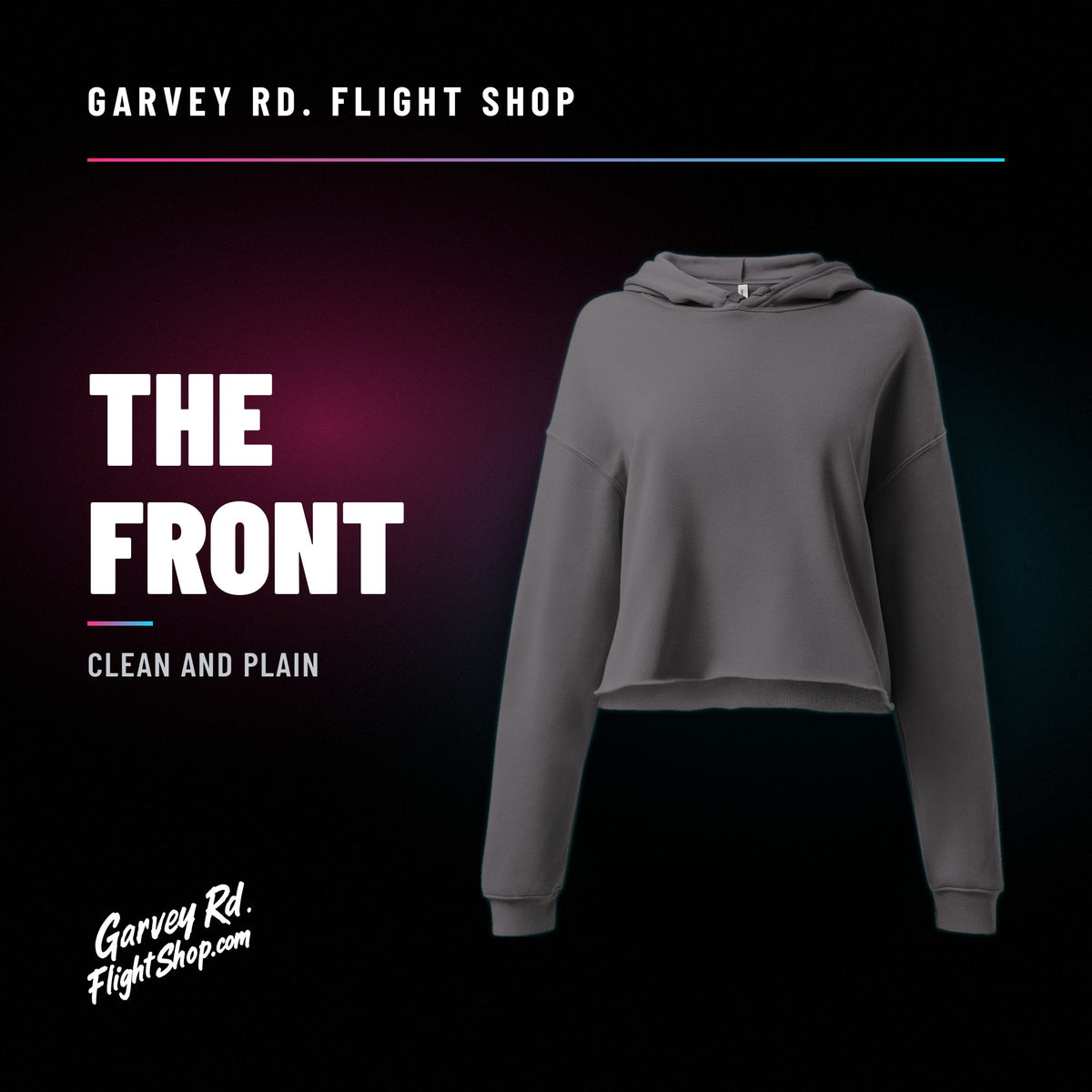 Garvey Rd. Disc Golf 'Retro Runs' women's cropped hoodie in Storm, front