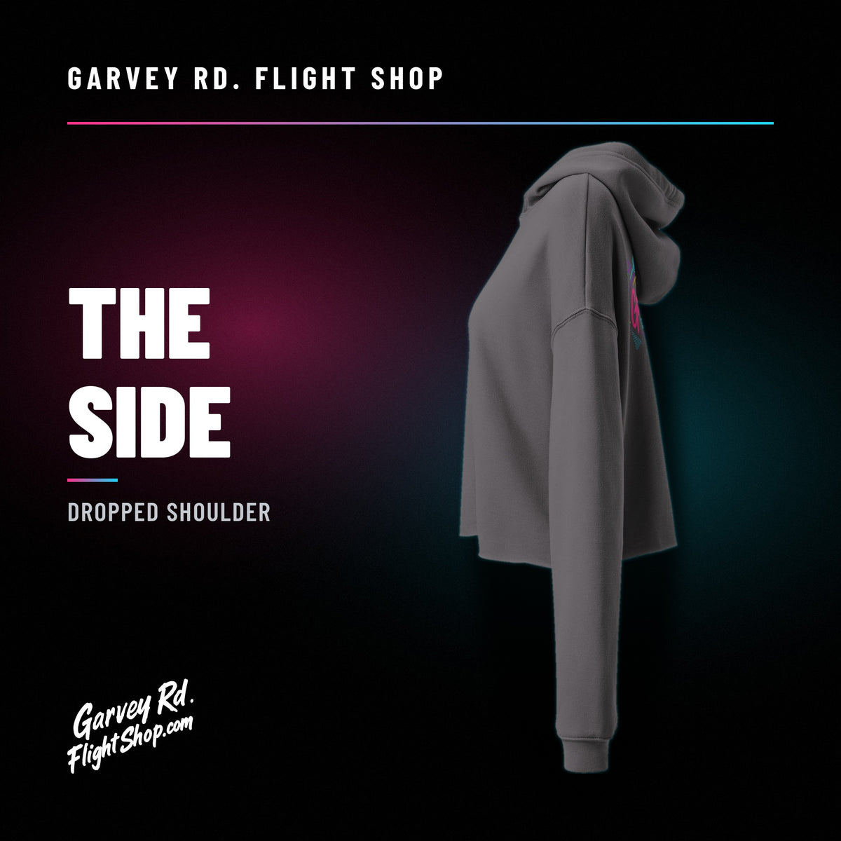 Garvey Rd. Disc Golf 'Retro Runs' women's cropped hoodie in Storm, left side