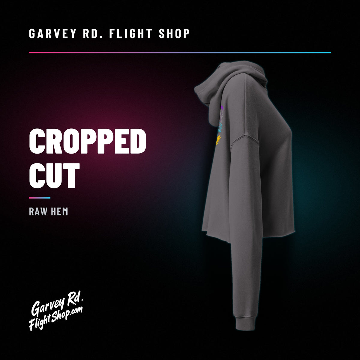 Garvey Rd. Disc Golf 'Retro Runs' women's cropped hoodie in Storm, right side