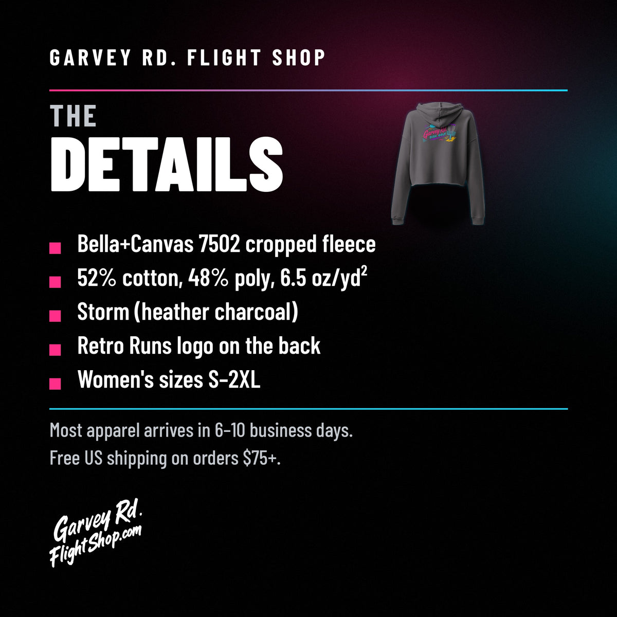 Garvey Rd. Disc Golf 'Retro Runs' women's cropped hoodie in Storm, details and specs