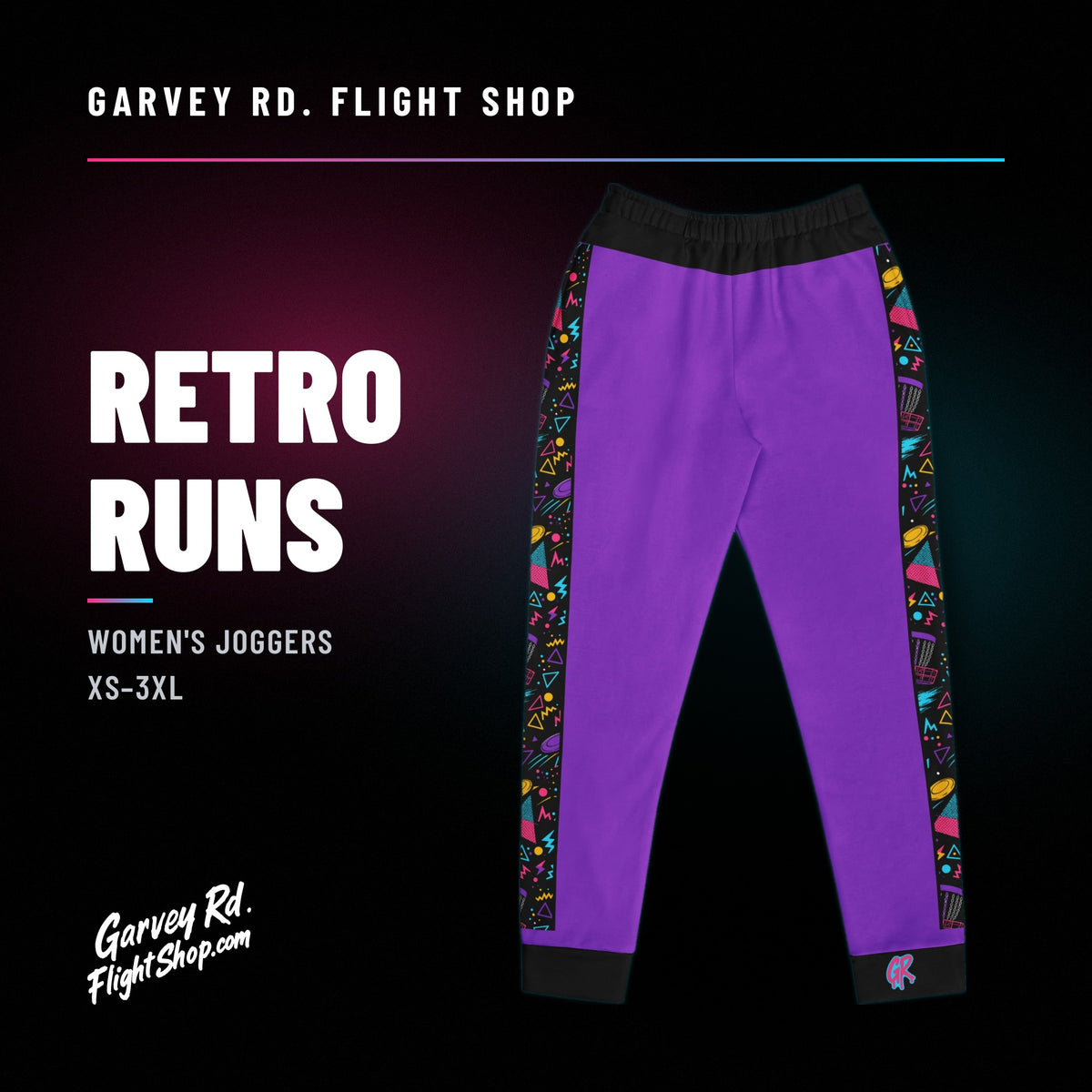 Garvey Rd. Disc Golf 'Retro Runs' women's joggers in purple, front