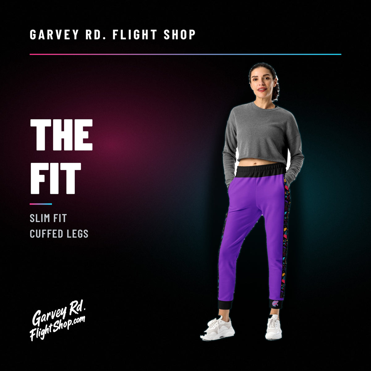 Garvey Rd. Disc Golf 'Retro Runs' women's joggers in purple, model wearing, front