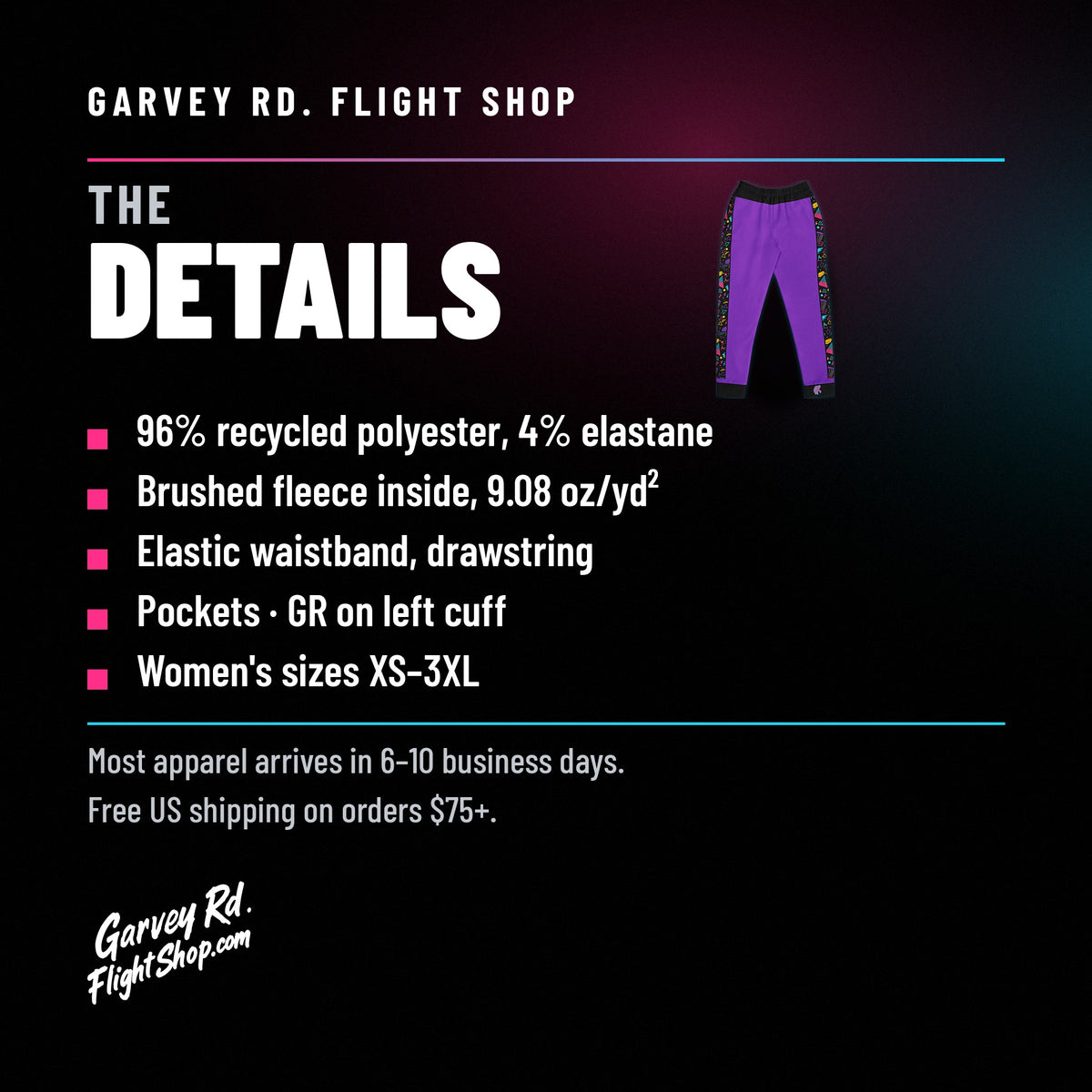 Garvey Rd. Disc Golf 'Retro Runs' women's joggers in purple, details and specs