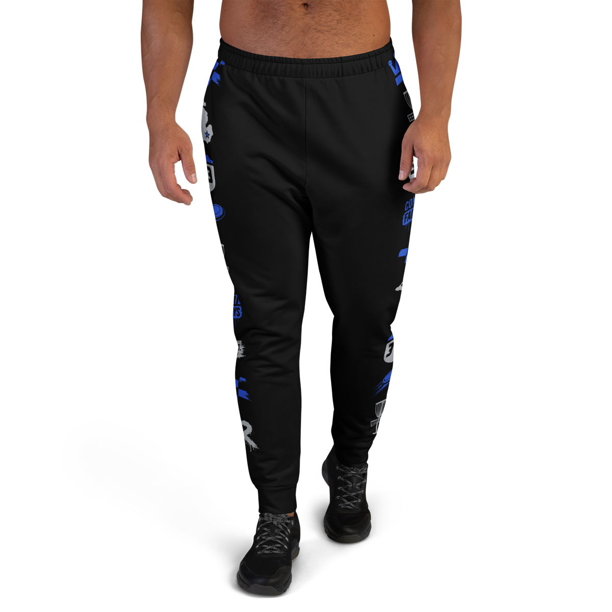 Model wearing black Concrete Fairways disc golf joggers, front view, with blue disc golf pattern down both legs