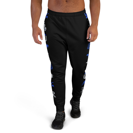 Model wearing black Concrete Fairways disc golf joggers, front view, with blue disc golf pattern down both legs