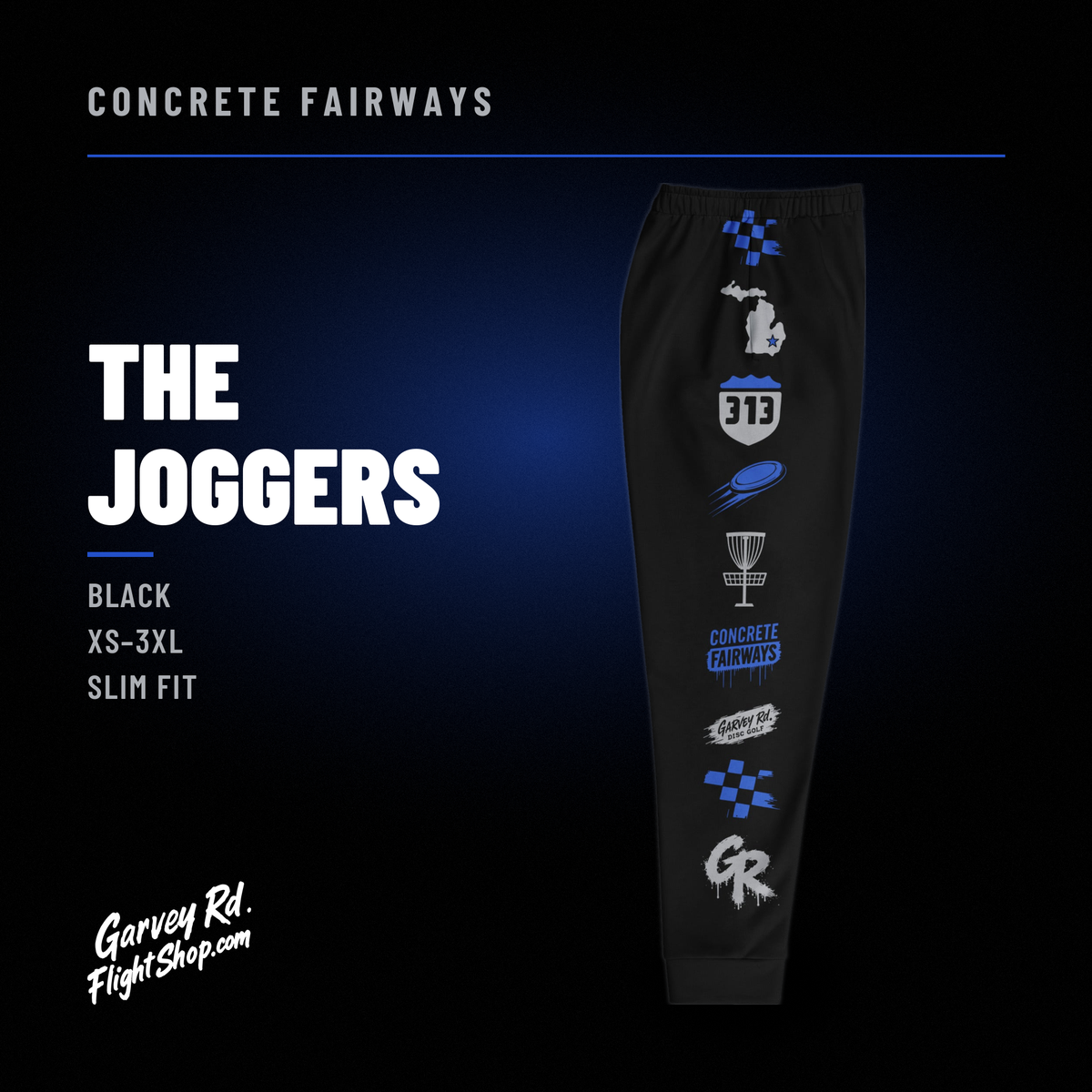 Concrete Fairways disc golf joggers graphic: black joggers with royal and gray art down the leg, XS–3XL, slim fit