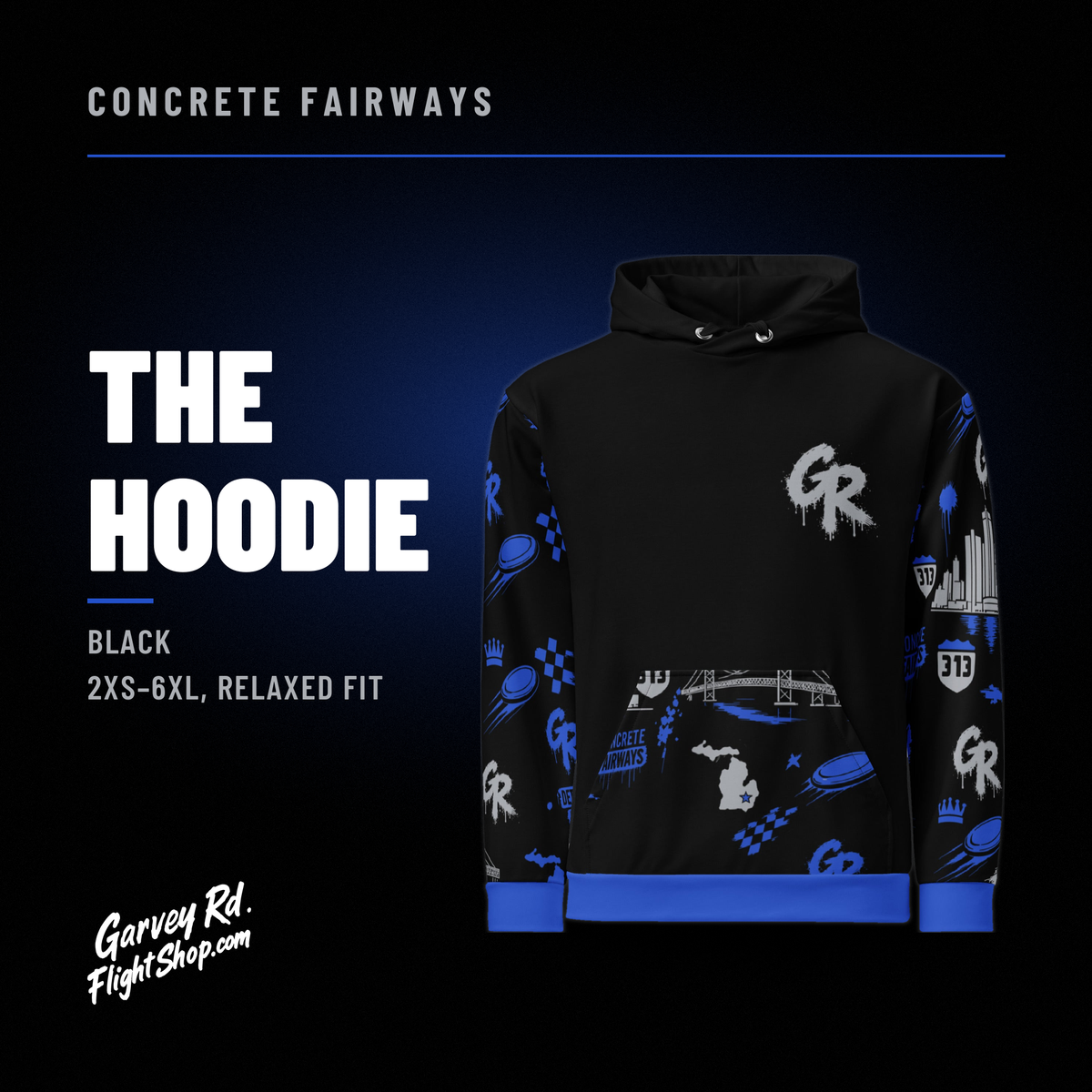 Black Concrete Fairways hoodie front with gray drip GR chest logo, royal and gray pattern sleeves and pocket, royal hem