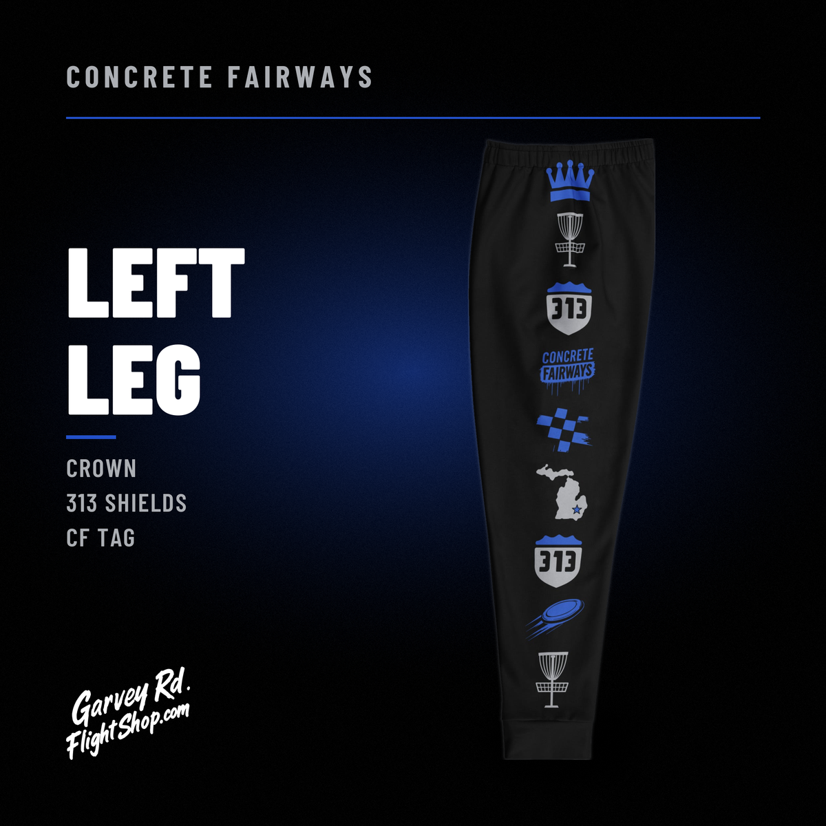 Left leg of Concrete Fairways disc golf joggers: crown, 313 shields and CF tag in royal and gray on black