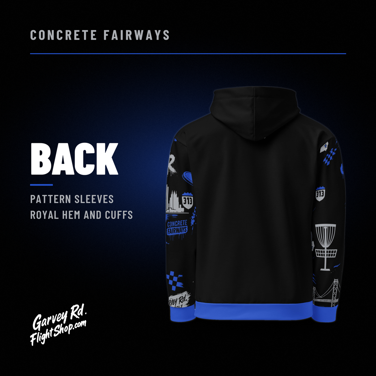 Back of the black Concrete Fairways hoodie with royal and gray pattern sleeves, royal hem band and royal cuffs