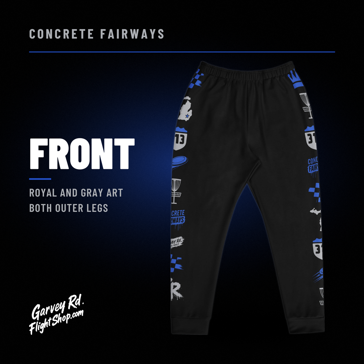 Front of black Concrete Fairways disc golf joggers with royal and gray art on both outer legs