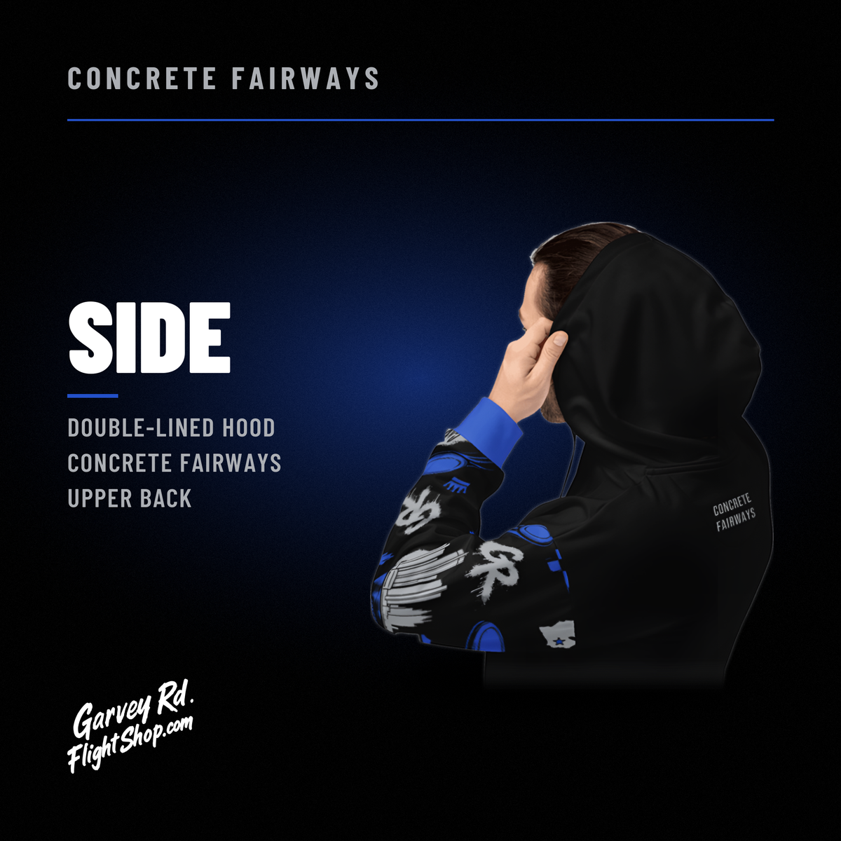 Model from behind with the hood up, small CONCRETE FAIRWAYS text on the upper back of the black pattern-sleeve hoodie