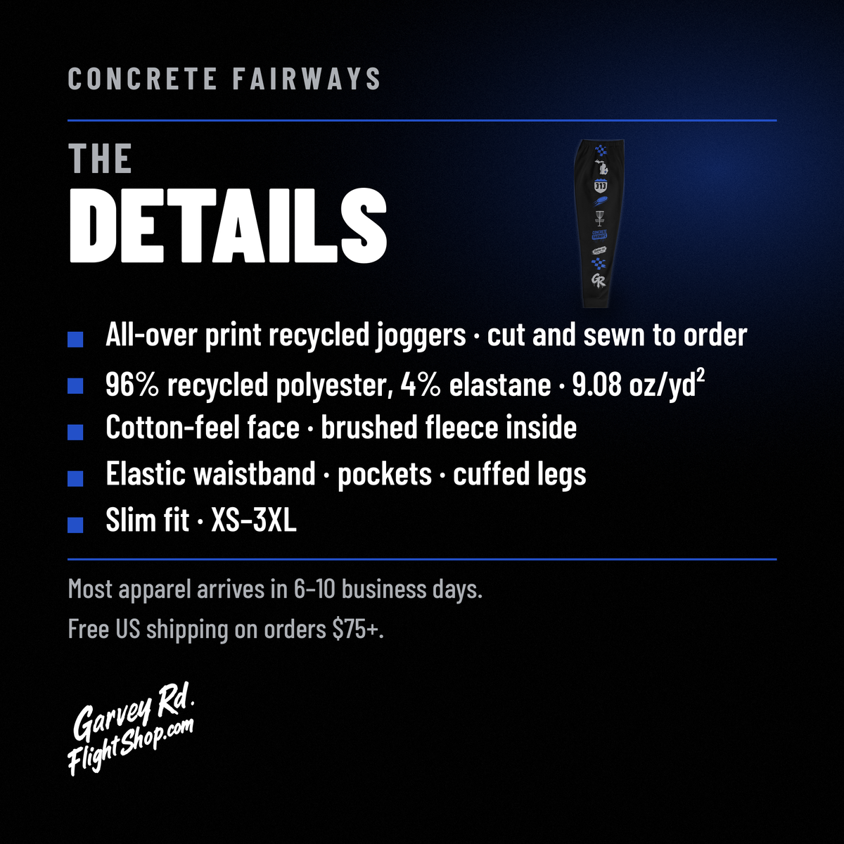 Concrete Fairways joggers details: recycled polyester blend, brushed fleece inside, elastic waist, pockets, XS–3XL