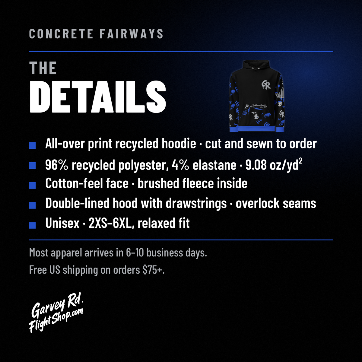 Concrete Fairways hoodie details: recycled polyester blend, brushed fleece inside, double-lined hood, unisex 2XS-6XL