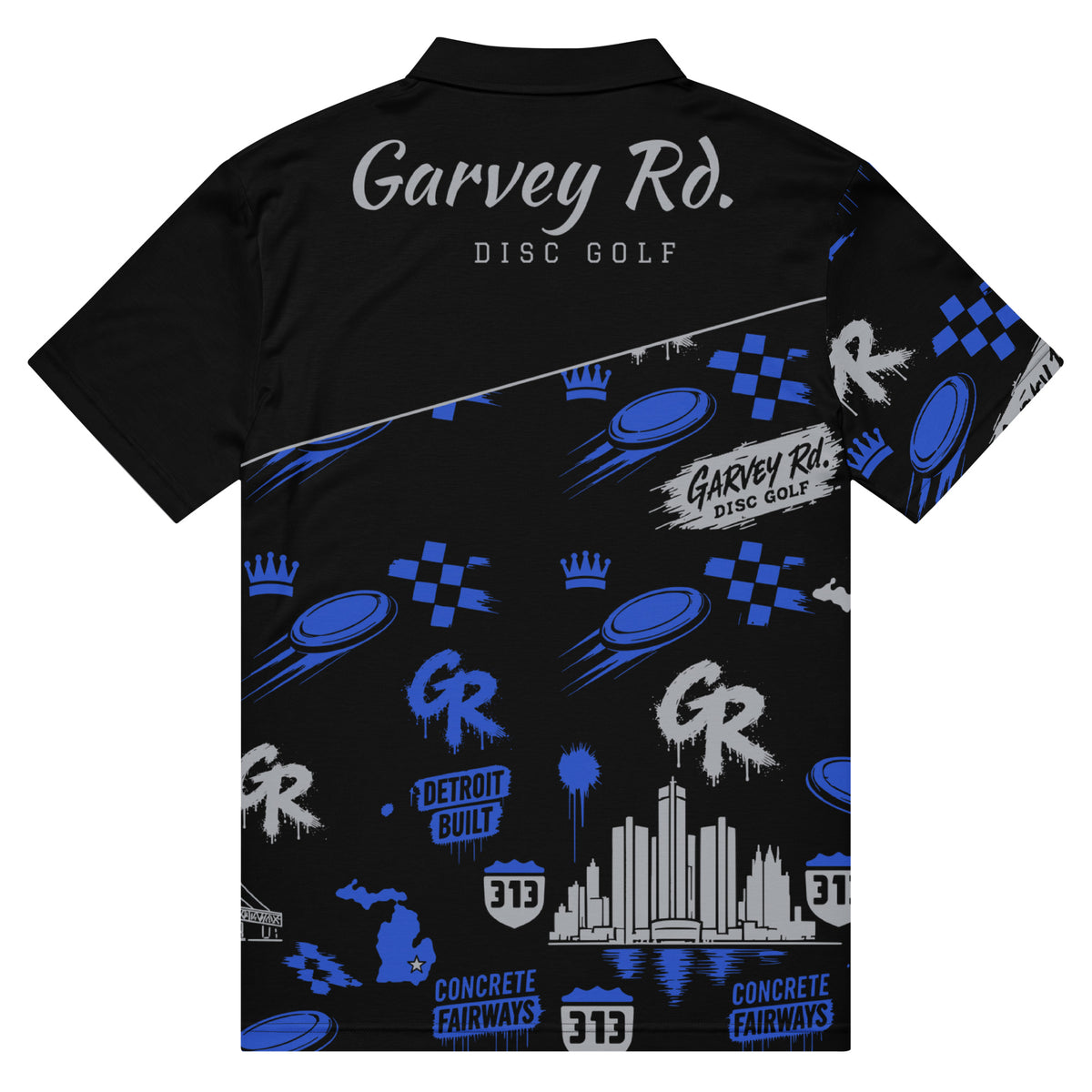 Back of the black Concrete Fairways polo: Garvey Rd. Disc Golf script up top, Detroit skyline and 313 shield pattern below