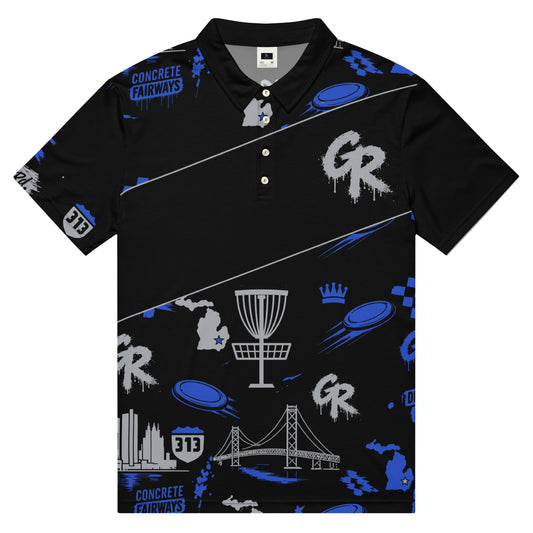 Black Concrete Fairways men's polo front: diagonal chest stripe with gray pinlines and drip GR over royal and gray pattern