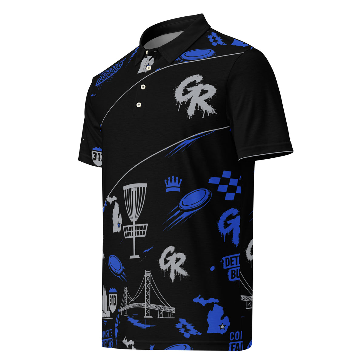 Left-front angle of the black Concrete Fairways polo: diagonal chest stripe, gray drip GR and plain black left sleeve