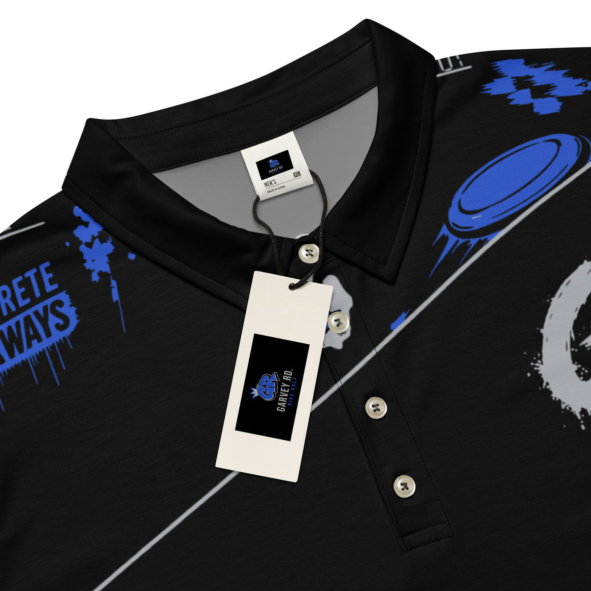 Close-up of the black polo collar and placket with cream buttons, crowned GR inside label and Garvey Rd. hang tag