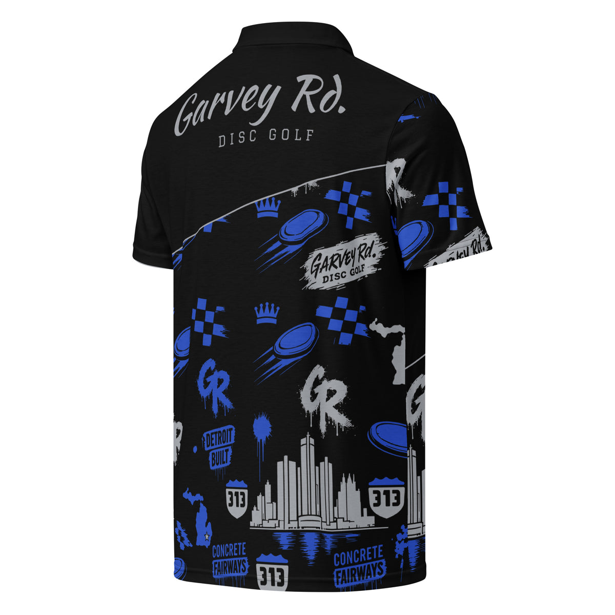 Right-back view of the Concrete Fairways polo: gray Garvey Rd. Disc Golf script on the upper back, patterned right sleeve