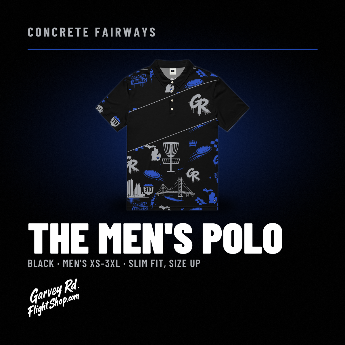 Black Concrete Fairways men's polo front flat with drip GR chest stripe, titled The Men's Polo, sizes XS-3XL, slim fit