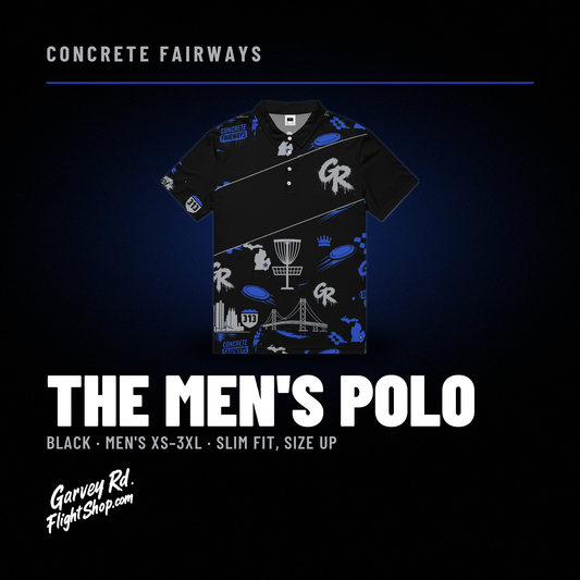 Black Concrete Fairways men's polo front flat with drip GR chest stripe, titled The Men's Polo, sizes XS-3XL, slim fit