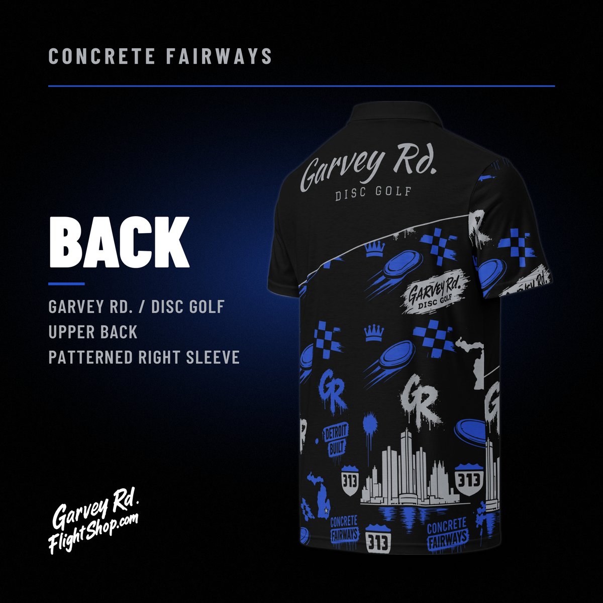 Back of the Concrete Fairways polo with Garvey Rd. Disc Golf across the upper back and patterned right sleeve