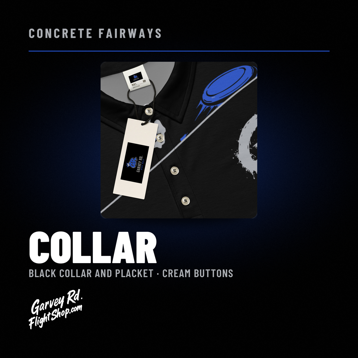 Close-up of the Concrete Fairways polo's black collar and placket with cream buttons