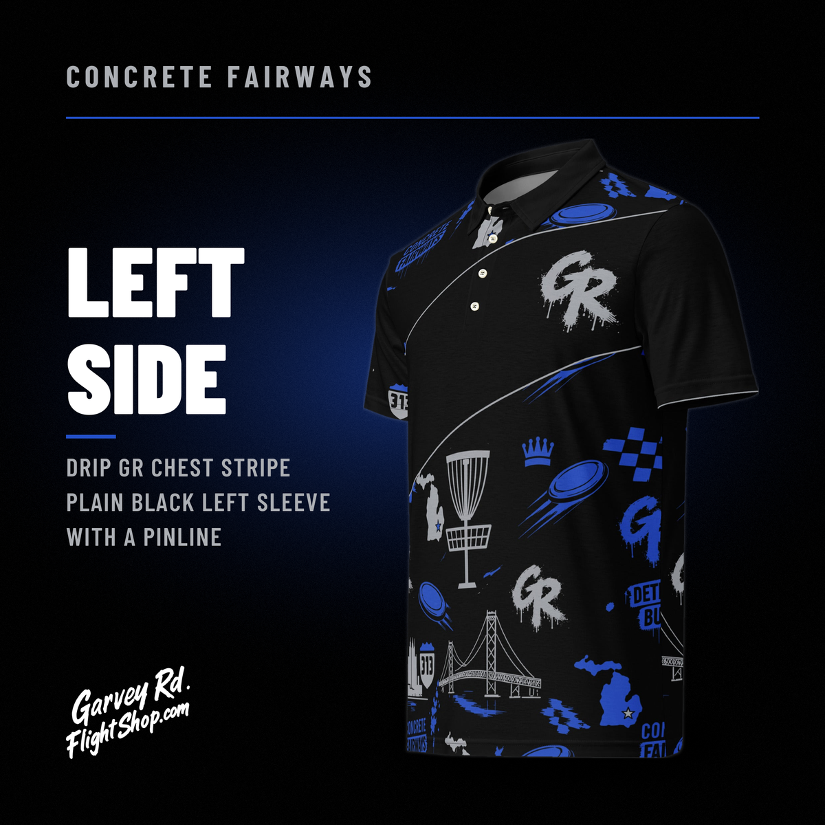 Left side of the Concrete Fairways polo: drip GR chest stripe and plain black left sleeve with gray pinline
