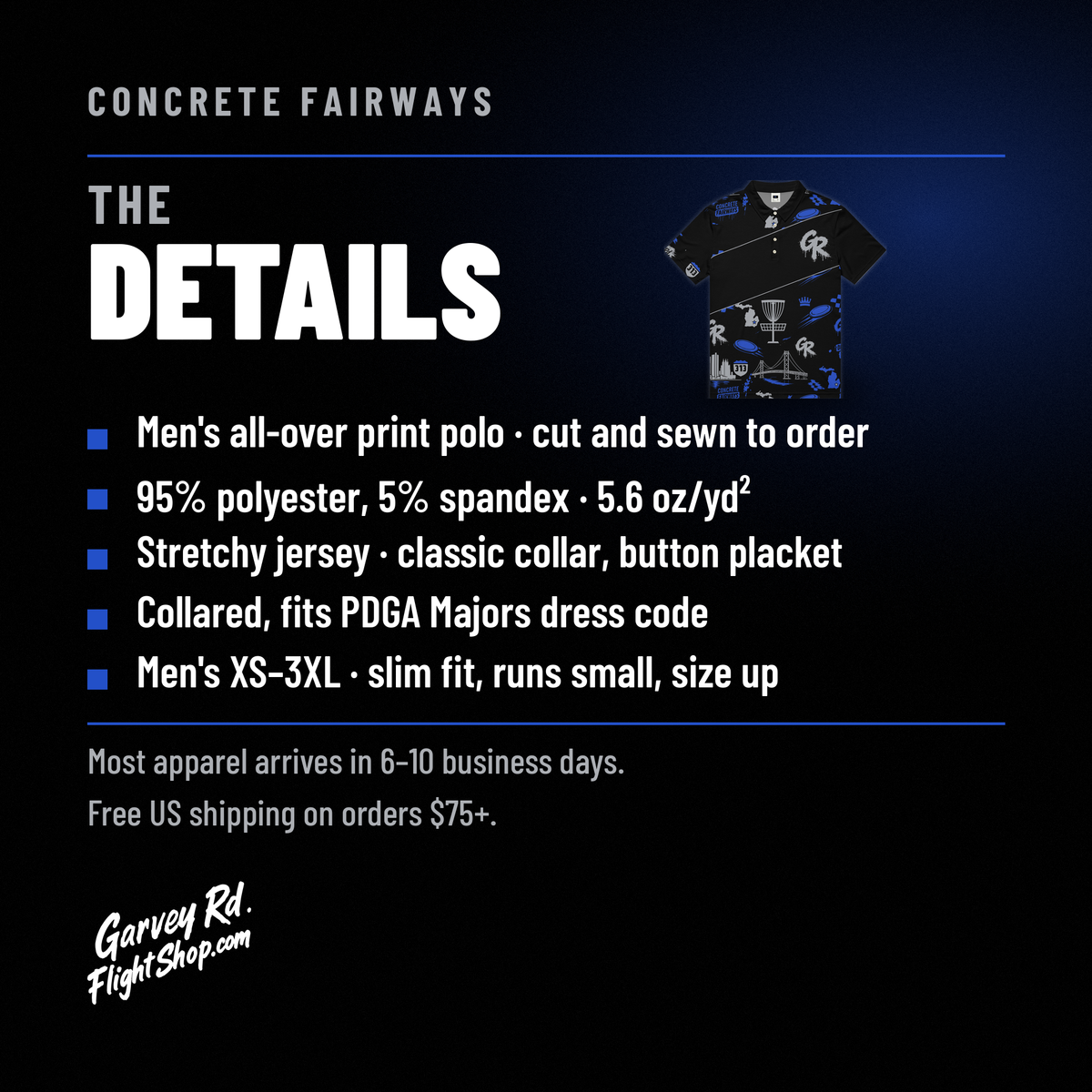 Concrete Fairways men's polo details: 95% polyester, 5% spandex, collared, fits PDGA Majors dress code, XS–3XL, size up