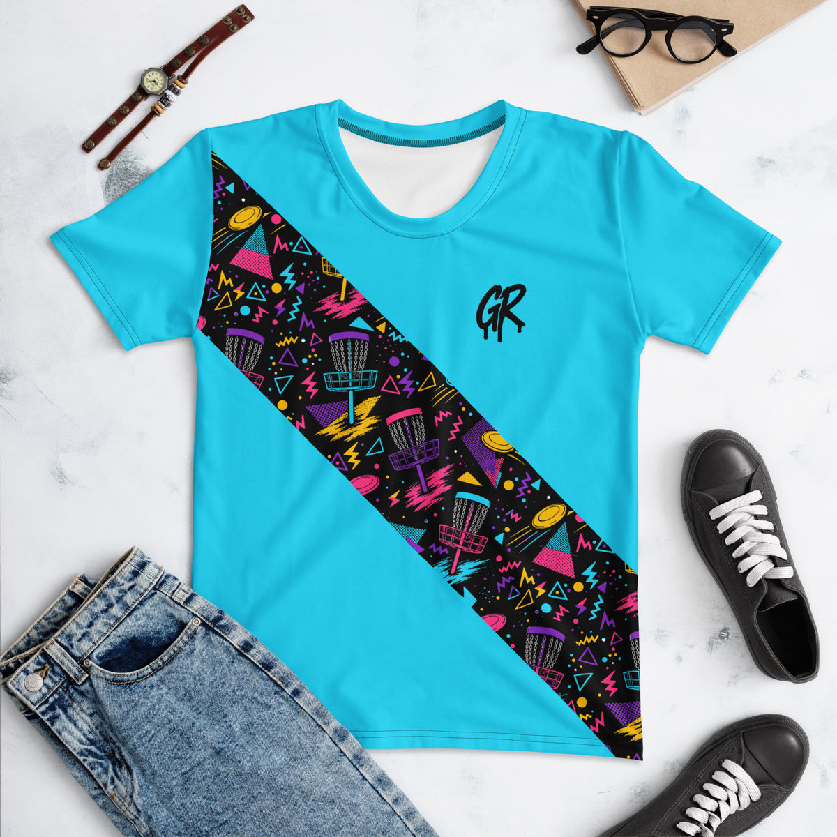 Garvey Rd. Disc Golf 'Retro Runs' women's jersey tee in cyan with pattern sash, flat lay