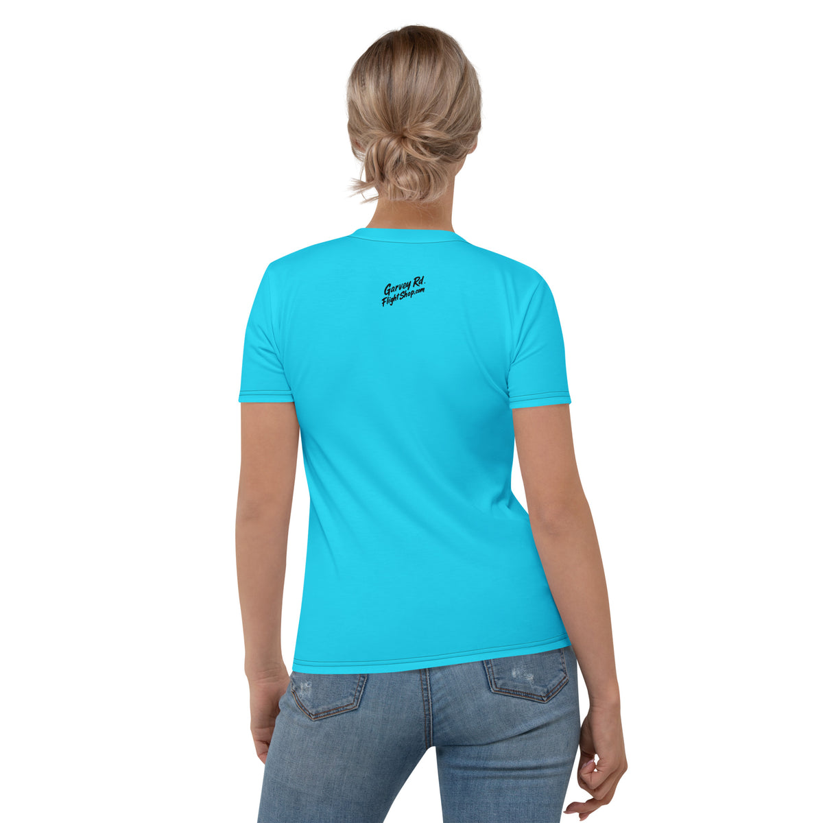 Garvey Rd. Disc Golf 'Retro Runs' women's jersey tee in cyan, model wearing, back