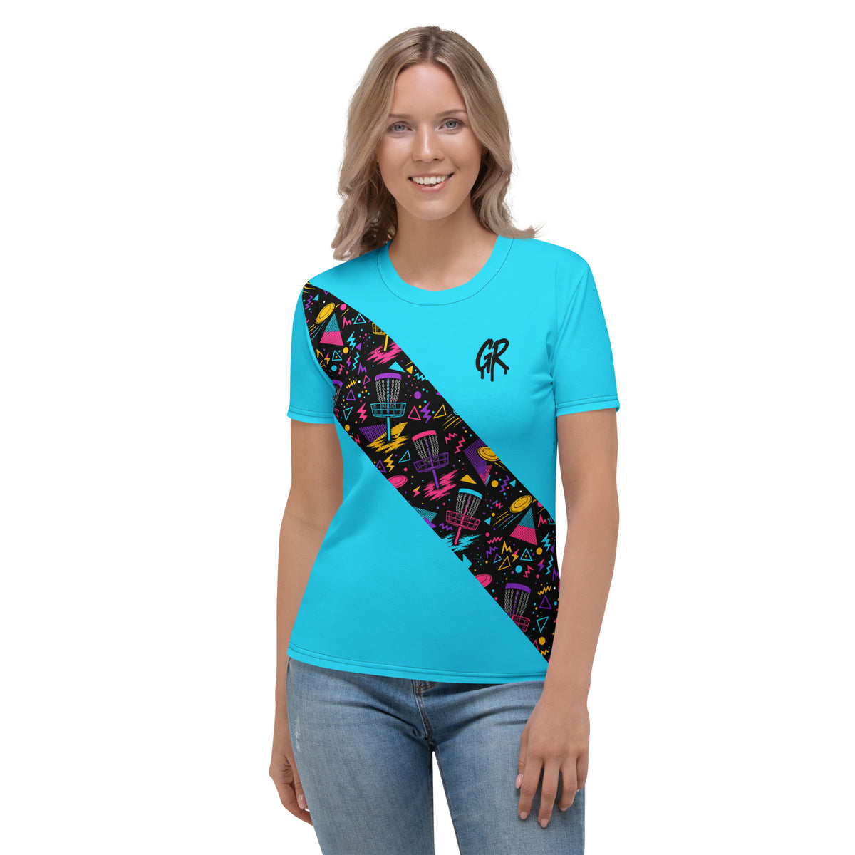 Garvey Rd. Disc Golf 'Retro Runs' women's jersey tee in cyan with pattern sash, model wearing, front